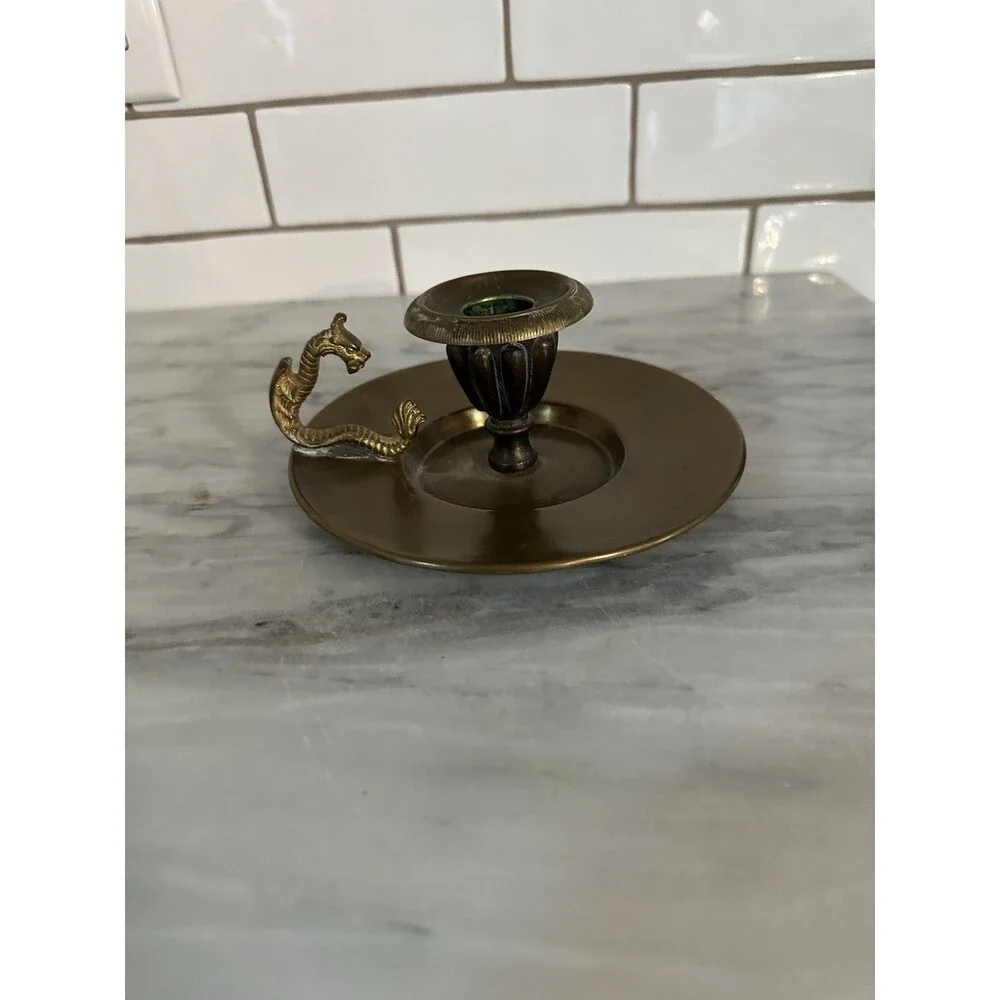 Vintage Brass Dragon Handle Candlestick Candle Holder Chamberstick